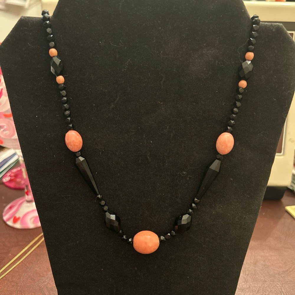 Elegant Black and Coral Glass Beaded Necklace